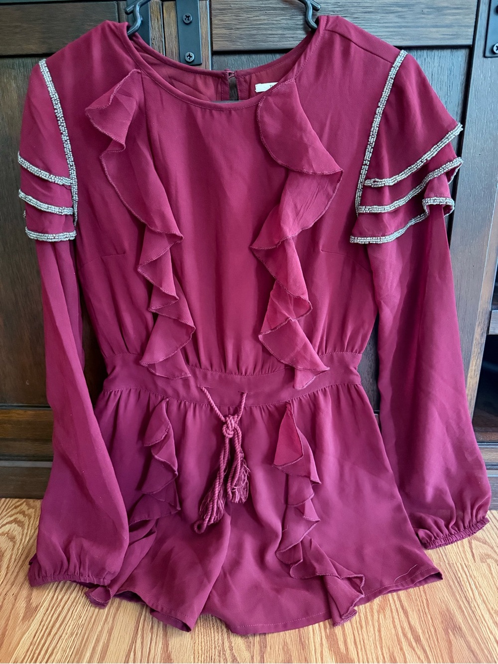 TulaRosa Women’s Ruffle Long-Sleeve Romper in Burgundy